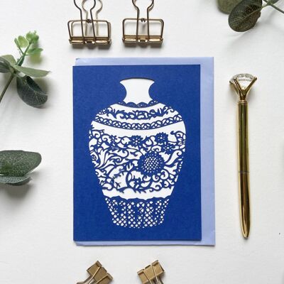 Tarjeta de florero azul Wedgwood, tarjeta de felicitación de florero chino
