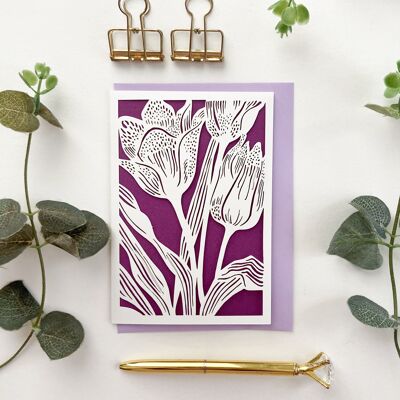 Tarjeta de tulipán lila, tarjeta de cumpleaños para los amantes de las flores, tarjeta de tulipán