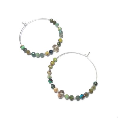 Boucles D'Oreilles Créoles Turquoise Et Quartz Fumé Argent 925