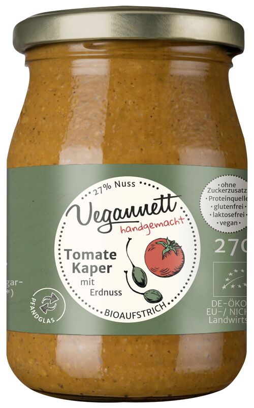 Bioaufstrich Tomate-Kaper mit 27% Erdnuss und ohne Zuckerzusatz im Mehrweg-(Pfand-) glas!