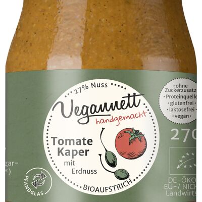 Organic tomato caper spread with 27% peanuts and no added sugar in a returnable (deposit) glass!
