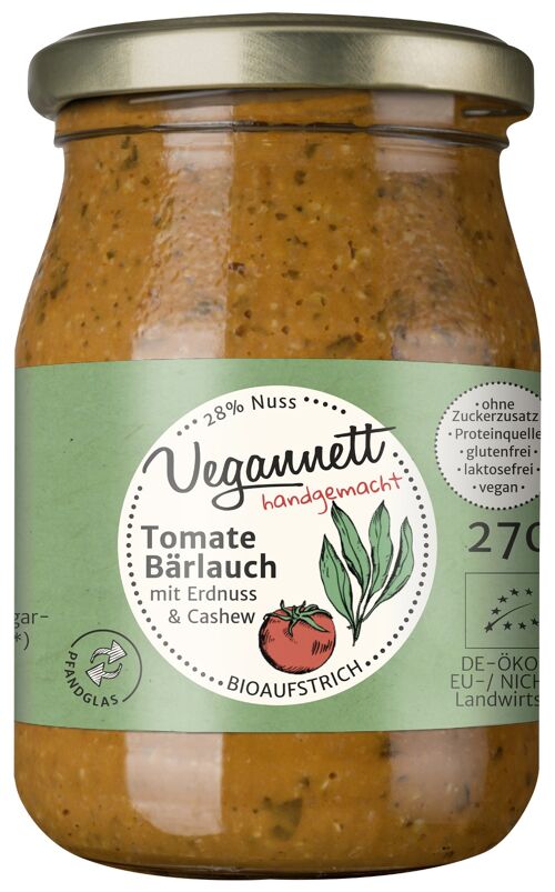 Bioaufstrich Tomate-Bärlauch mit 28% Nussmus Cashew/Erdnuss im Mehrweg-(Pfand-)glas!