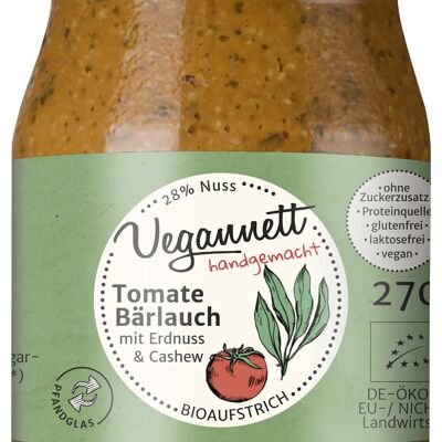 Tomate et ail sauvage à tartiner biologiques avec 28 % de beurre de noix, noix de cajou/arachide dans un verre consigné (dépôt) !