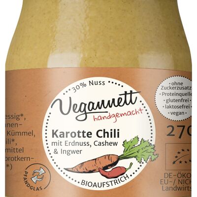 Bioaufstrich Karotte-Chili mit 30% Nussmus Cashew/Erdnuss im Mehrweg-(Pfand-)glas!