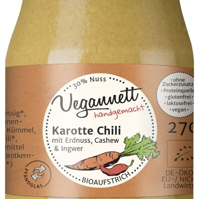 Chili de zanahoria para untar orgánico con 30% de mantequilla de nueces, anacardo / maní en un vaso retornable (depósito).