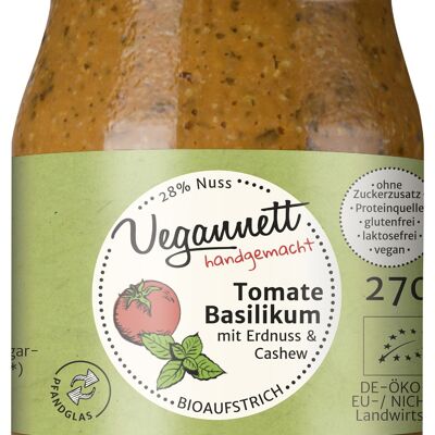 Basilic tomate à tartiner biologique avec 28% de beurre de noix de cajou / arachide dans un verre consigné (dépôt) !