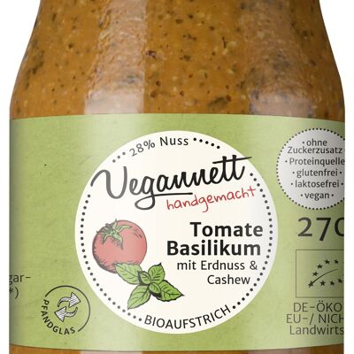 Basilico di pomodoro da spalmare biologico con 28% di burro di noci anacardi / arachidi in un bicchiere a rendere (deposito)!