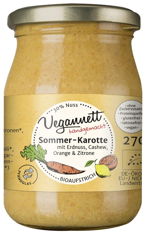 Bioaufstrich Sommerkarotte mit Orange, Zitrone und 30% Nussmus Cashew/Erdnuss, ohne Zuckerzusatz im Mehrweg-(Pfand-)glas!