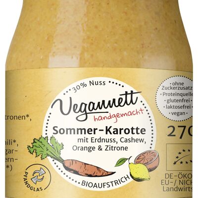 Organic summer carrot spread with orange, lemon and 30% nut butter, cashew / peanut, without added sugar in a returnable (deposit) glass!