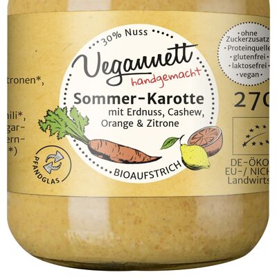 Pâte à tartiner bio aux carottes d'été avec orange, citron et beurre de noix 30%, noix de cajou / cacahuète, sans sucre ajouté dans un verre consigné (dépôt) !