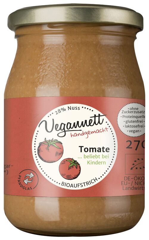 Bioaufstrich Tomate und 28% Cashew, Erdnuss ohne Zuckerzusatz im Mehrweg-(Pfand-)glas!