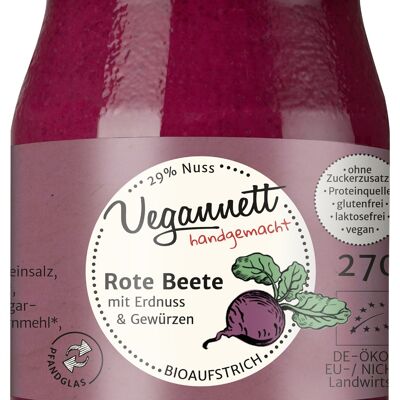 Organic beetroot spread with 29% nuts, with no added sugar in a returnable (deposit) glass!