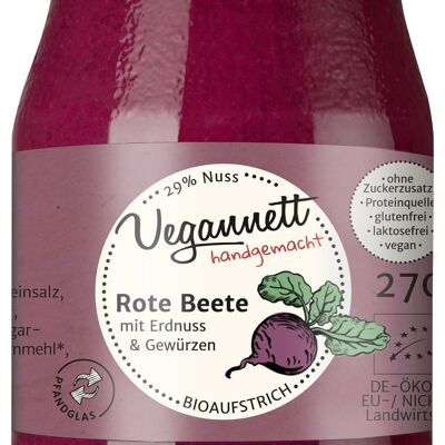Organic beetroot spread with 29% nuts, with no added sugar in a returnable (deposit) glass!