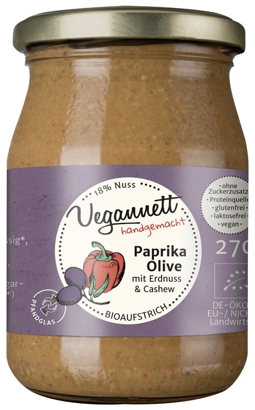 Bioaufstrich Paprika-Olive mit Erdnuss und Cashew ohne Zuckerzusatz im Mehrweg-(Pfand-)glas!