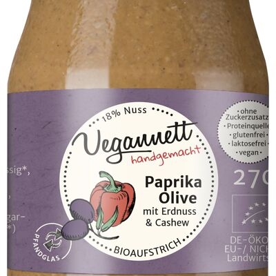 Bioaufstrich Paprika-Olive mit Erdnuss und Cashew ohne Zuckerzusatz im Mehrweg-(Pfand-)glas!