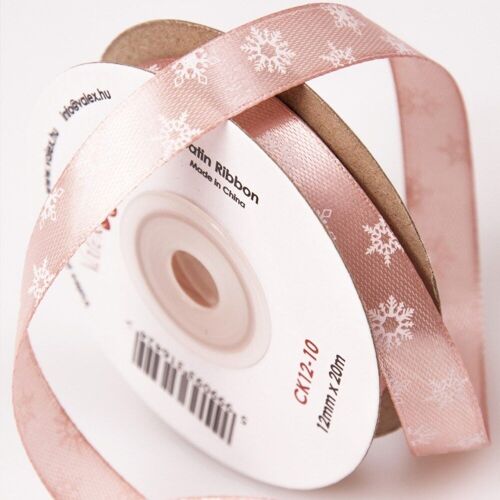 Satin ribbon with snowflake 12mm x 20m - Powder Beige
