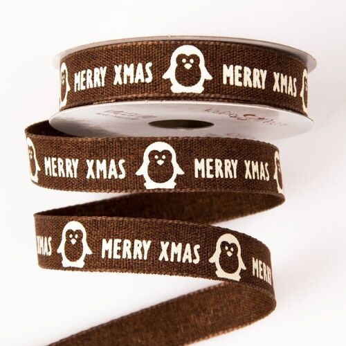 "Merry Xmas" Christmas ribbon with penguin 16mm x 6.4m - Brown