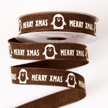 Ruban de Noël "Merry Xmas" avec pingouin 16 mm x 6,4 m - Marron