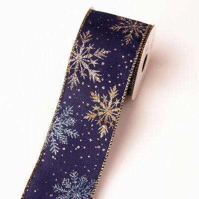Glänzendes Weihnachtssatinband mit Schneeflocken, 64 mm x 6,4 m – Dunkelblau