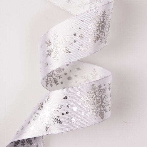 Silver Metallic snowflake premium satin ribbon with wired edge 38mm x 6.4m - White