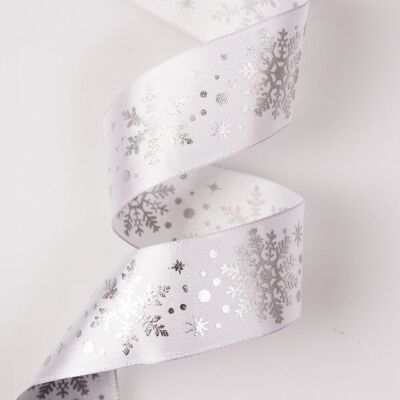 Cinta de raso premium con copos de nieve plateada metalizada con borde alambrado 38 mm x 6,4 m - Blanco