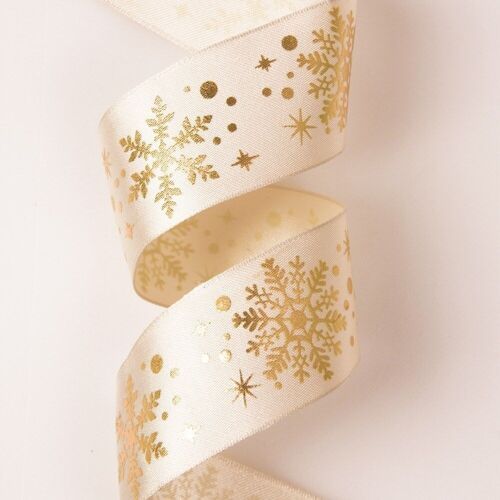 Gold Metallic snowflake premium satin ribbon with wired edge 38mm x 6.4m - Cream