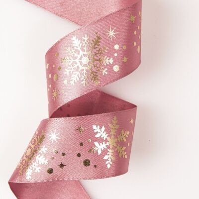 Gold Metallic snowflake premium satin ribbon with wired edge 38mm x 6.4m - Powder Beige