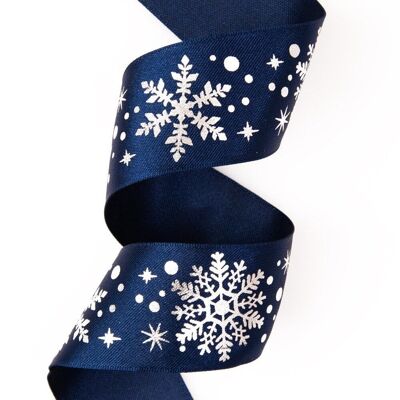 Cinta de raso premium con copos de nieve plateada metalizada con borde con alambre de 38 mm x 6,4 m - Azul