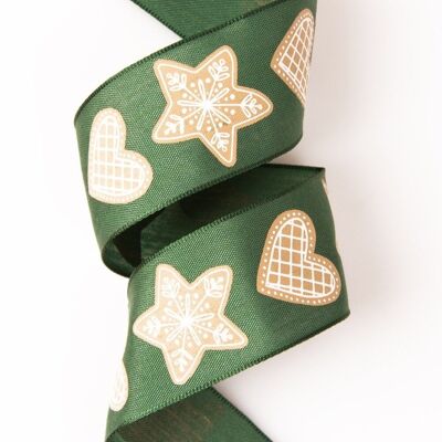 Gingerbread patterned textile ribbon with wired edge 38mm x 6.4m - Green