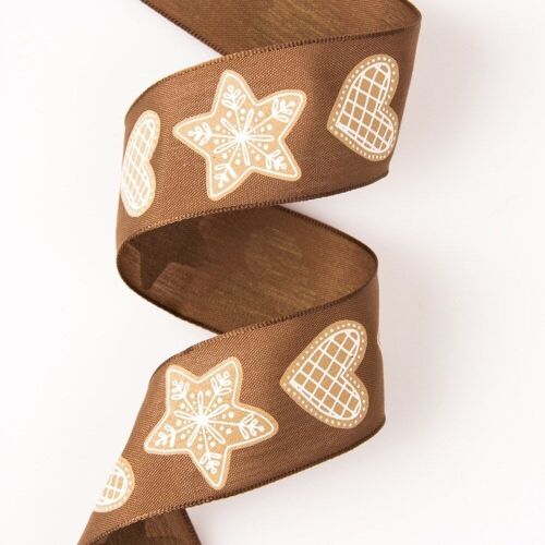 Gingerbread patterned textile ribbon with wired edge 38mm x 6.4m - Brown