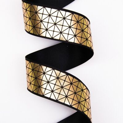 Premium decor ribbon with shiny gold pattern, with wired edge 38mm x 6.4m