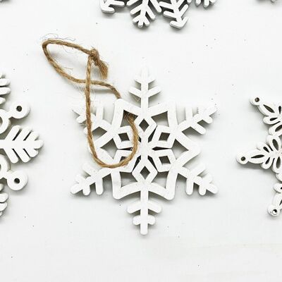 Copo de nieve de madera blanca decoración árbol de Navidad 7,5cm x 7,5cm