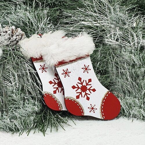 Wooden socks Christmas tree decoration 6.7cm x 10cm - Red-White