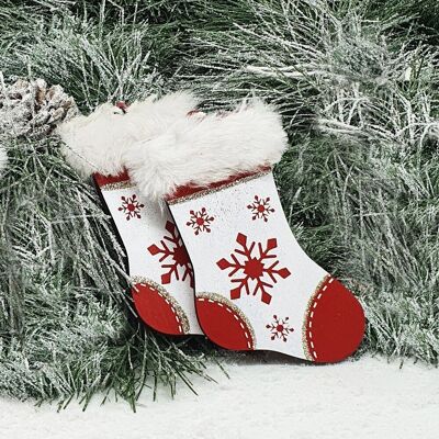 Chaussettes en bois décoration sapin 6,7cm x 10cm - Rouge-Blanc