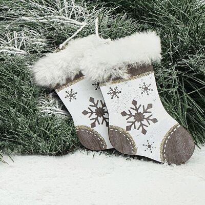 Chaussettes en bois décoration sapin de Noël 6,7cm x 10cm - Gris-Blanc