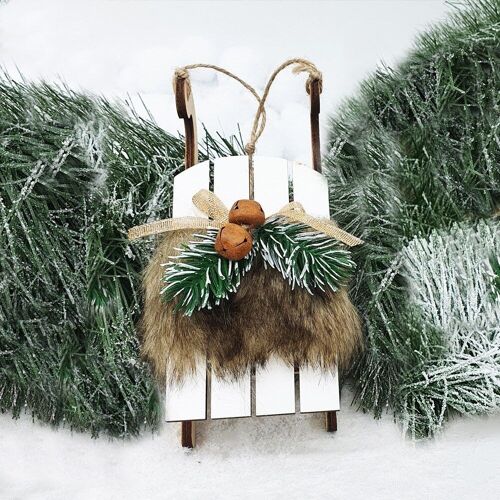Furry wooden sled Christmas tree decoration 12.5cm x 3.5cm - White