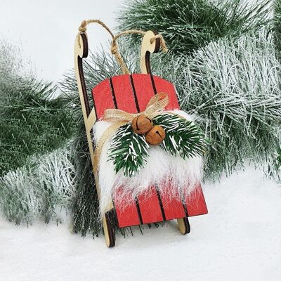 Furry wooden sled Christmas tree decoration 12.5cm x 3.5cm - Red