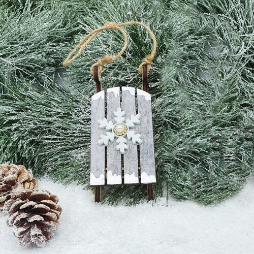 Wooden sled Christmas tree decoration with ornamental stone 12.5cm x 3.7cm - Gray