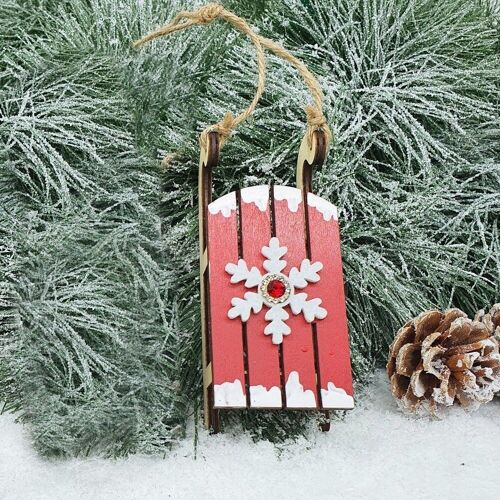 Wooden sled Christmas tree decoration with ornamental stone 12.5cm x 3.7cm - Red