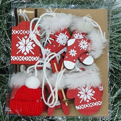 6 Stk. Pelziges Christbaumschmuck-Set aus Holz 3,2 cm x 7,5 cm, 3,5 cm x 4,5 cm – Rot