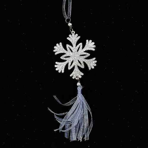 Organza striped glitter Silver snowflake Christmas tree decoration 24cm