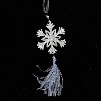 Organza rayas purpurina Plata copo de nieve decoración árbol de Navidad 24cm