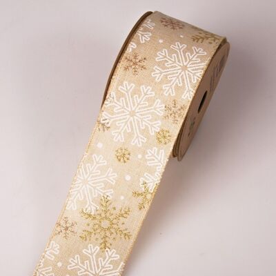 Snowflake Christmas ribbon with wired edge 63mm x 9.1m - Beige