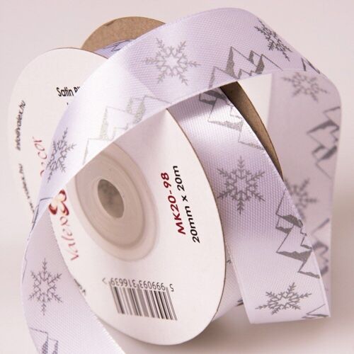 Christmas satin ribbon with silver metallic winter scene  20mm x 20m - White