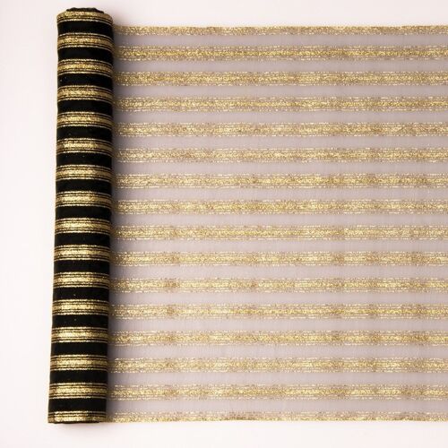 Gold glittering stripy organza, black primary colour 39cm x 9.1m