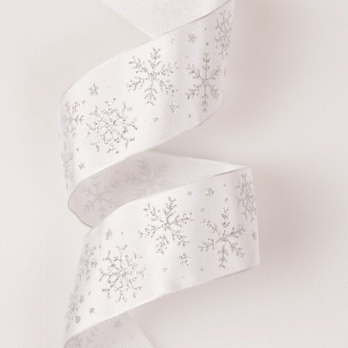 Shiny snowflake premium satin ribbon with wired edge 38mm x 6.4m - White