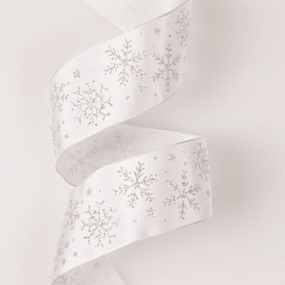 Cinta de raso premium copo de nieve brillante con borde con alambre 38 mm x 6,4 m - Blanco