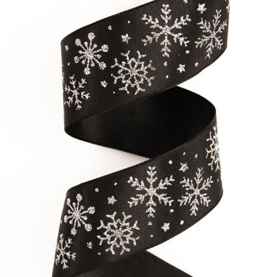 Cinta de raso premium copo de nieve brillante con borde con alambre 38 mm x 6,4 m - Negro
