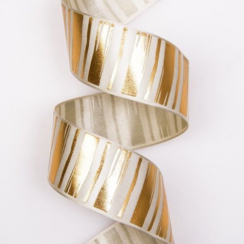 Premium satin ribbon with shiny gold pattern, with wired edge 38mm x 6.4m - Cream