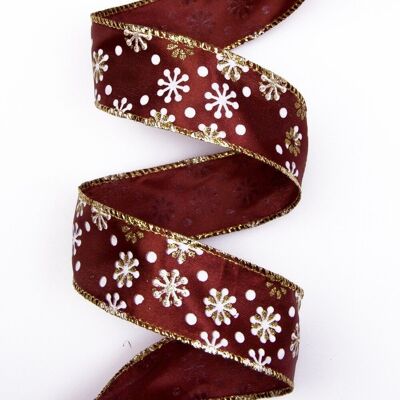 Snowflake patterned Christmas satin ribbon with wire edge 38mm x 9.1m - Brown